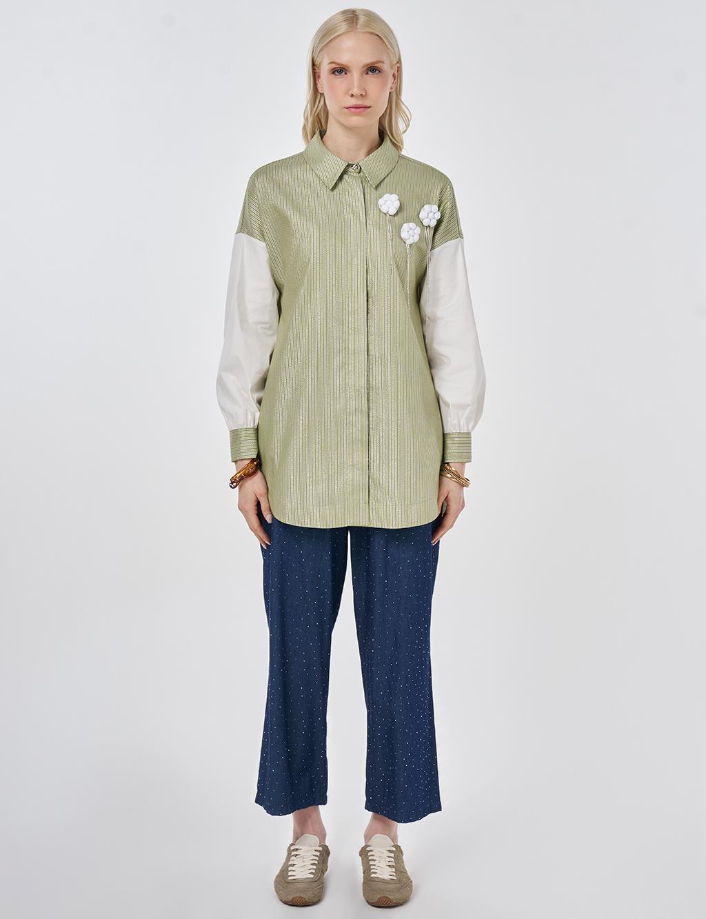 Striped Pattern Cotton Tunic with Brooch Matcha Green