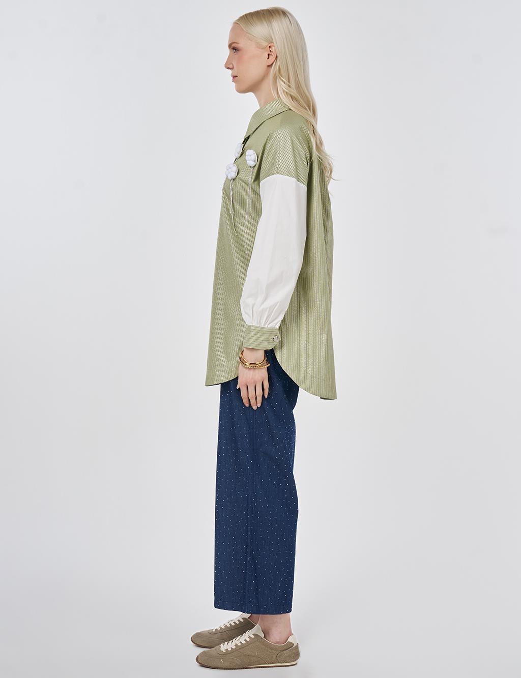 Striped Pattern Cotton Tunic with Brooch Matcha Green