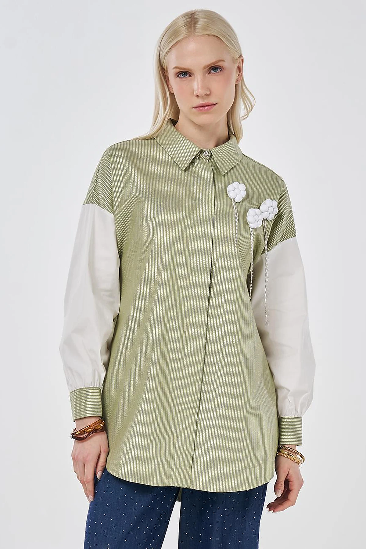 Striped Pattern Cotton Tunic with Brooch Matcha Green