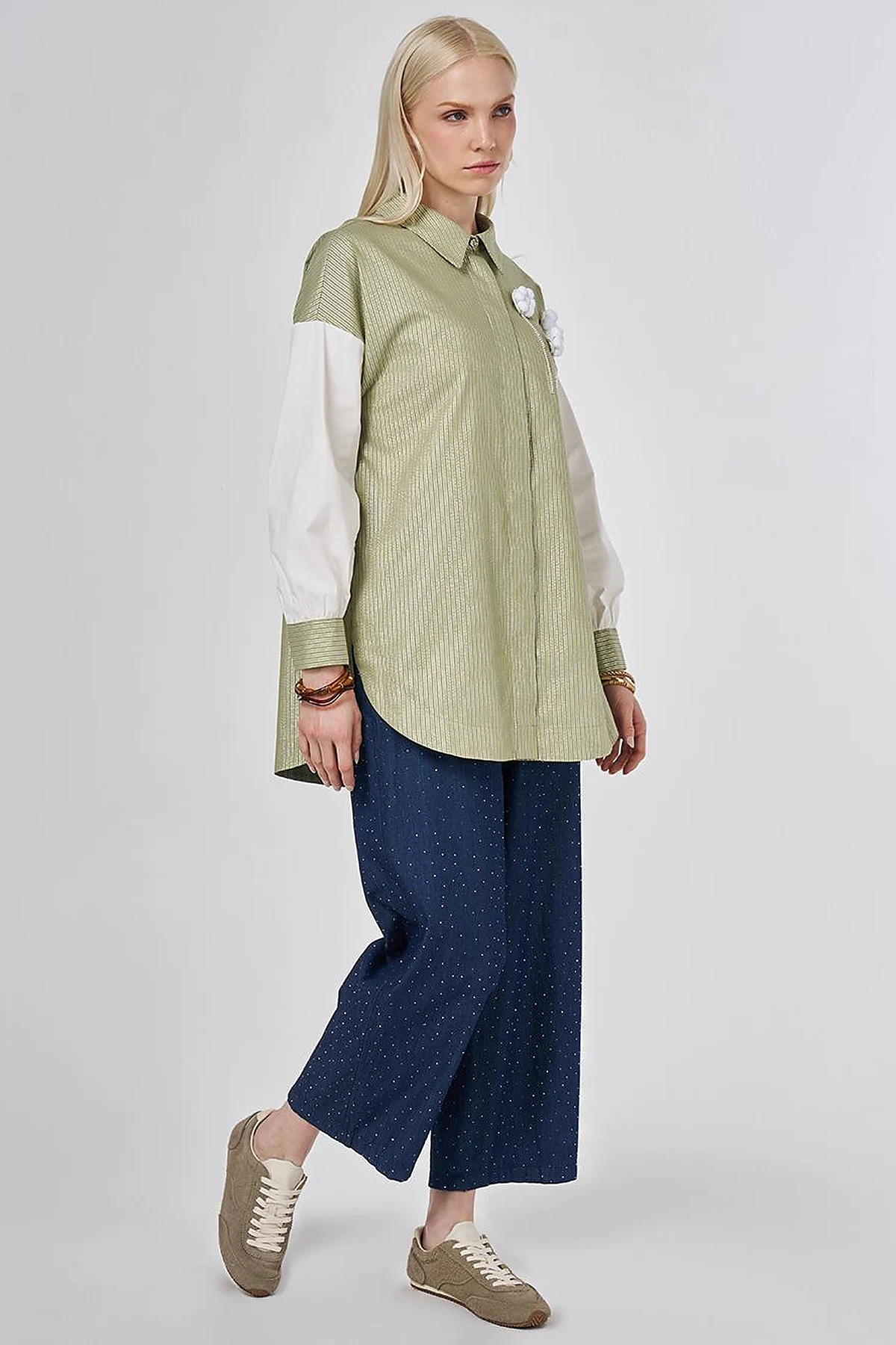 Striped Pattern Cotton Tunic with Brooch Matcha Green