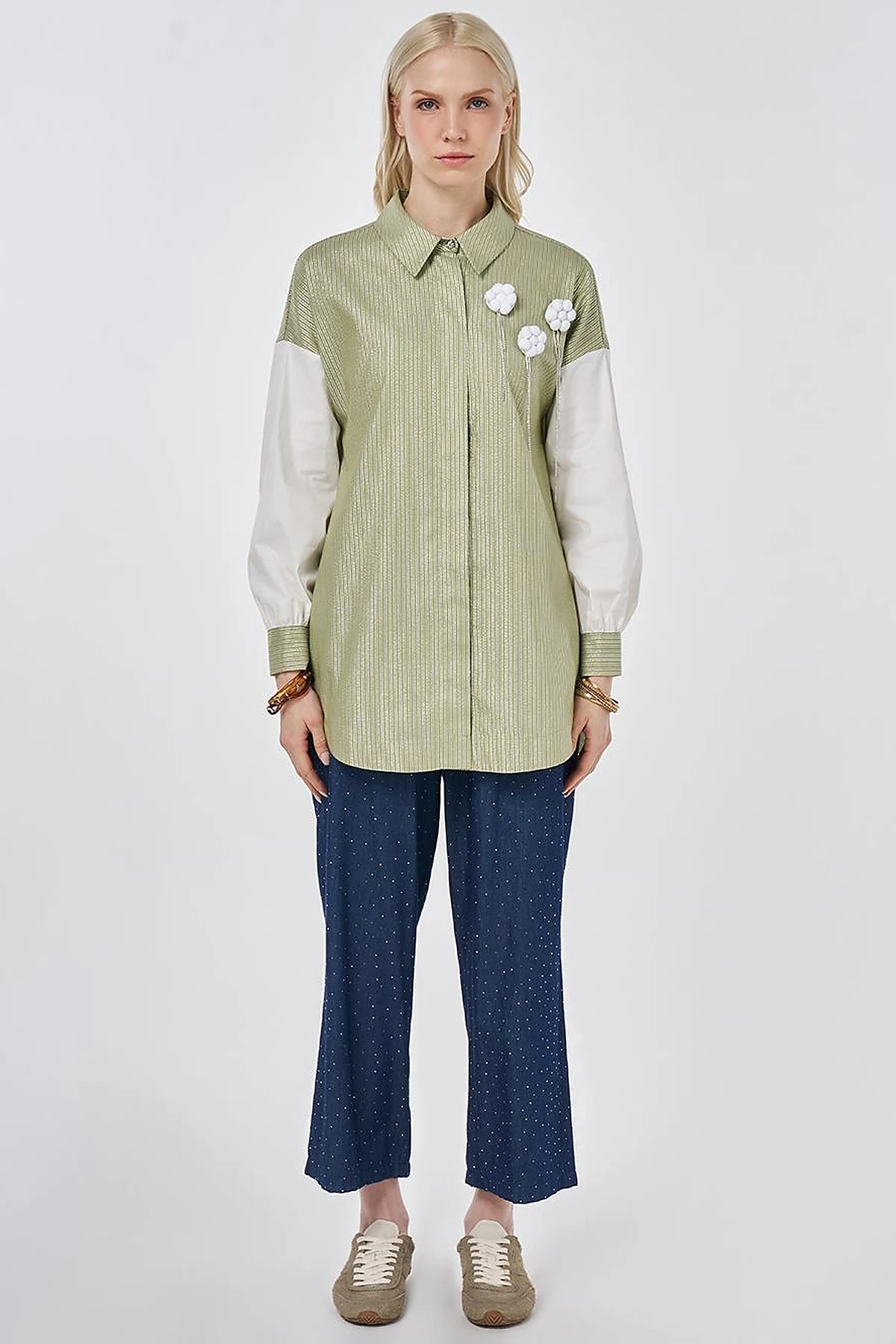 Striped Pattern Cotton Tunic with Brooch Matcha Green