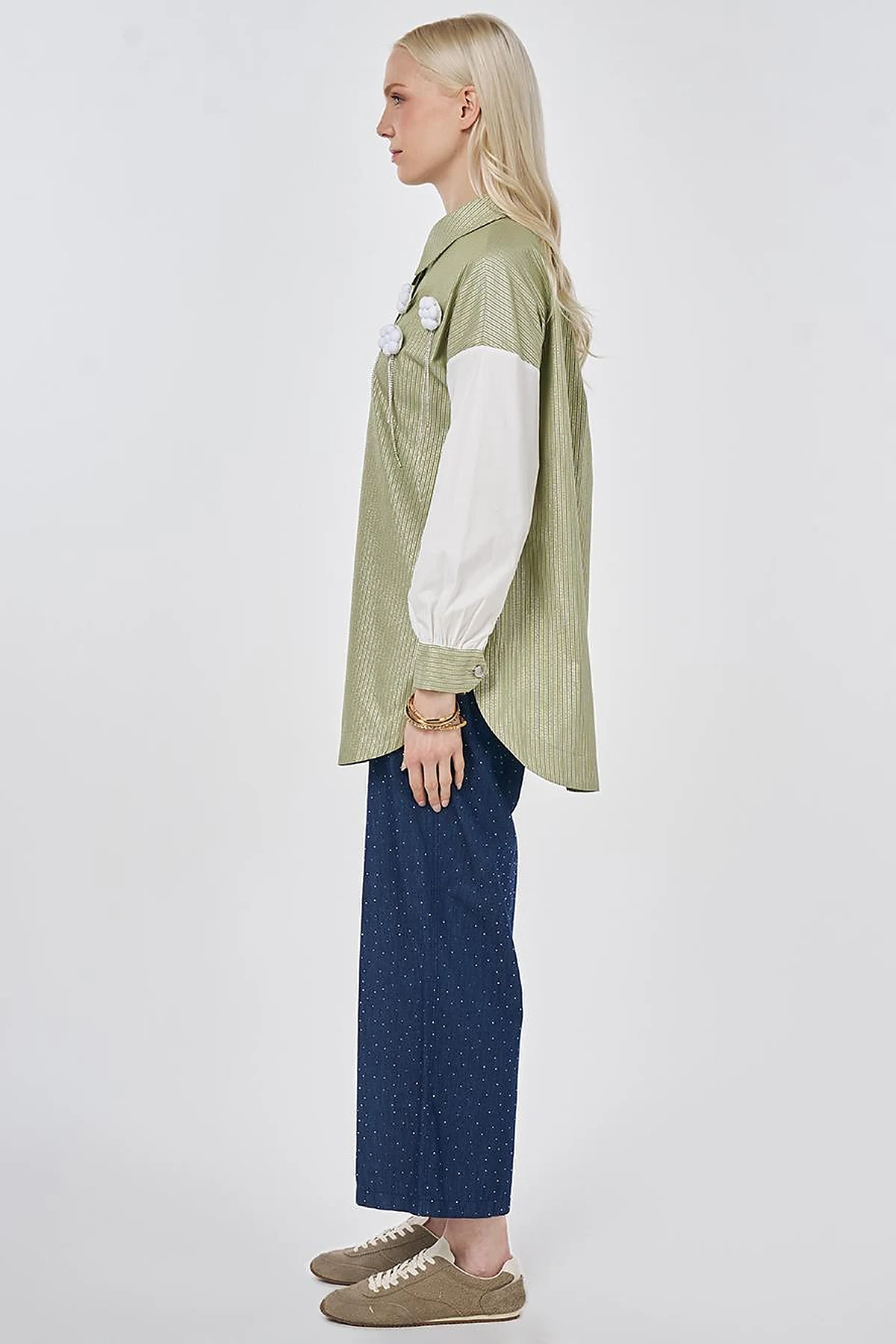 Striped Pattern Cotton Tunic with Brooch Matcha Green