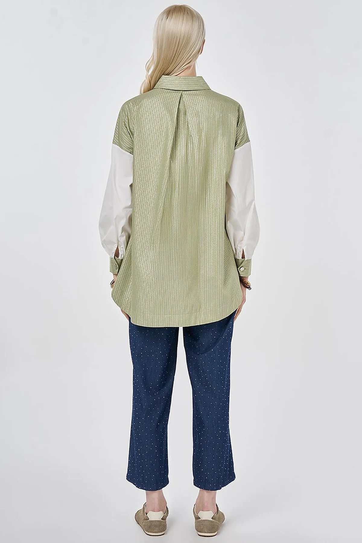 Striped Pattern Cotton Tunic with Brooch Matcha Green