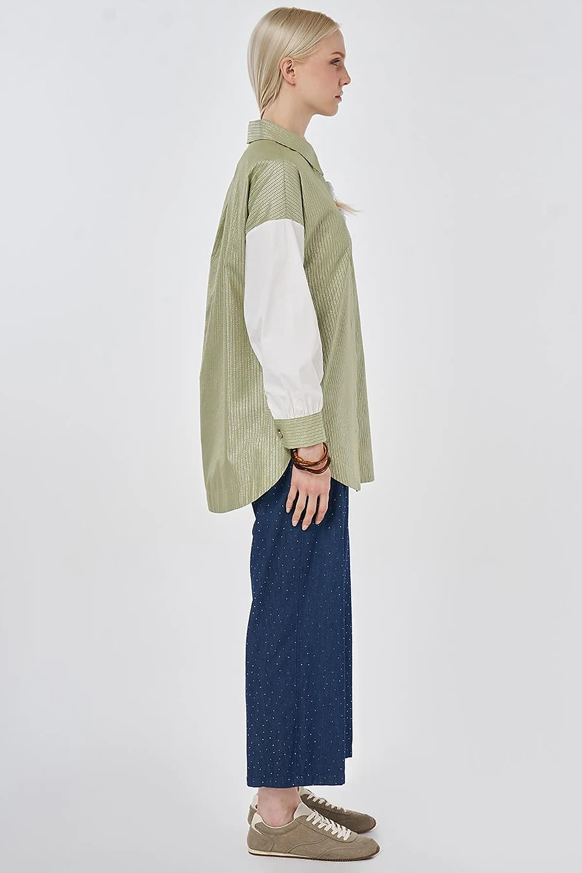 Striped Pattern Cotton Tunic with Brooch Matcha Green