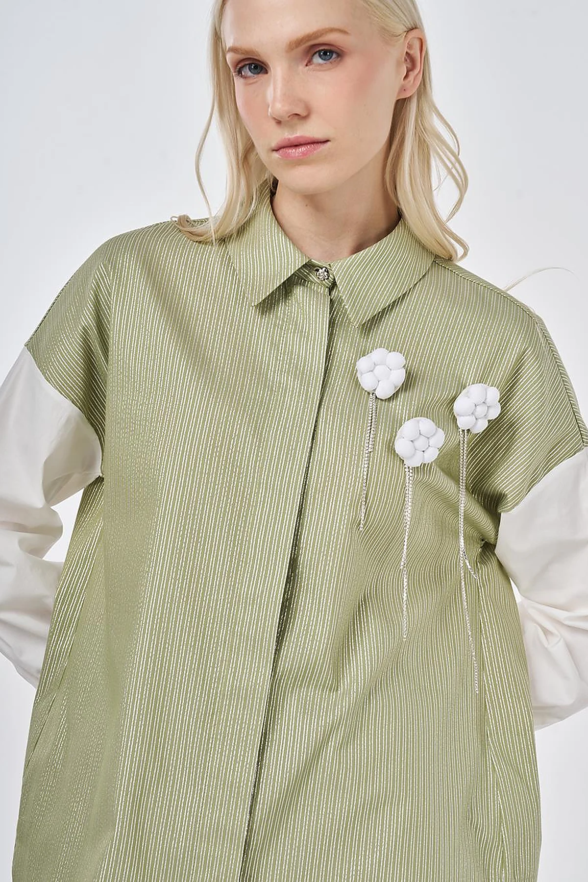 Striped Pattern Cotton Tunic with Brooch Matcha Green