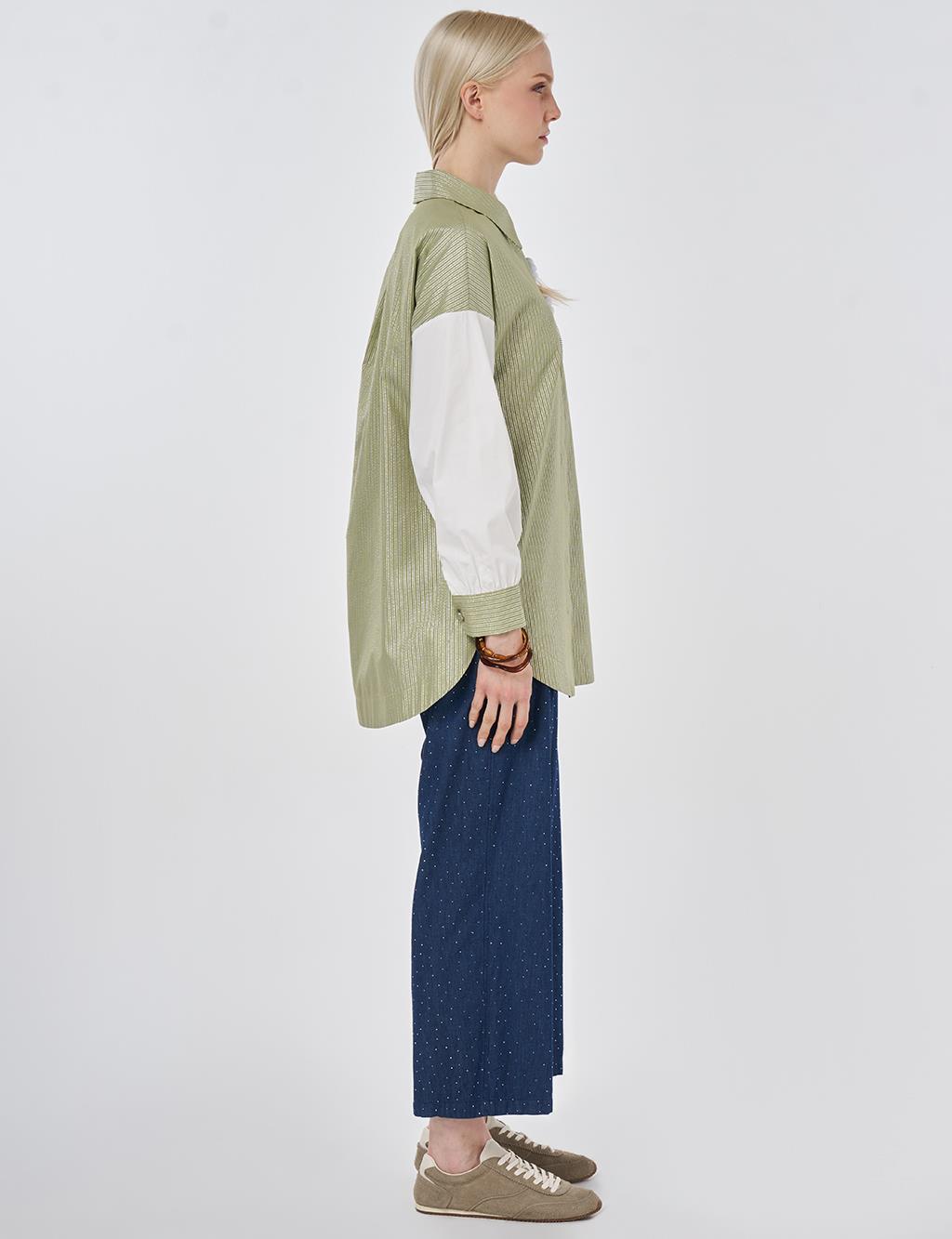 Striped Pattern Cotton Tunic with Brooch Matcha Green