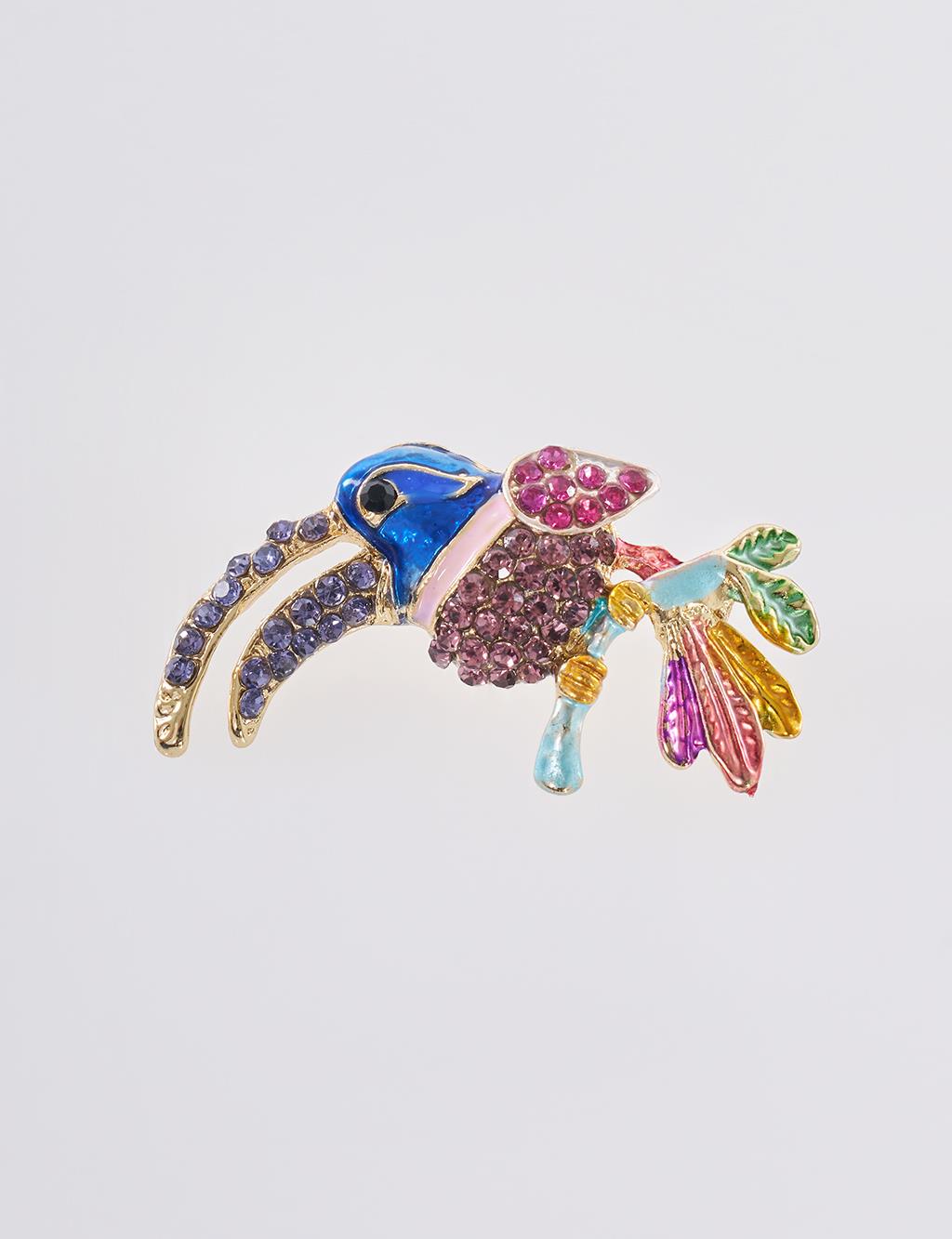 Colorful Stone Hummingbird Brooch Gold
