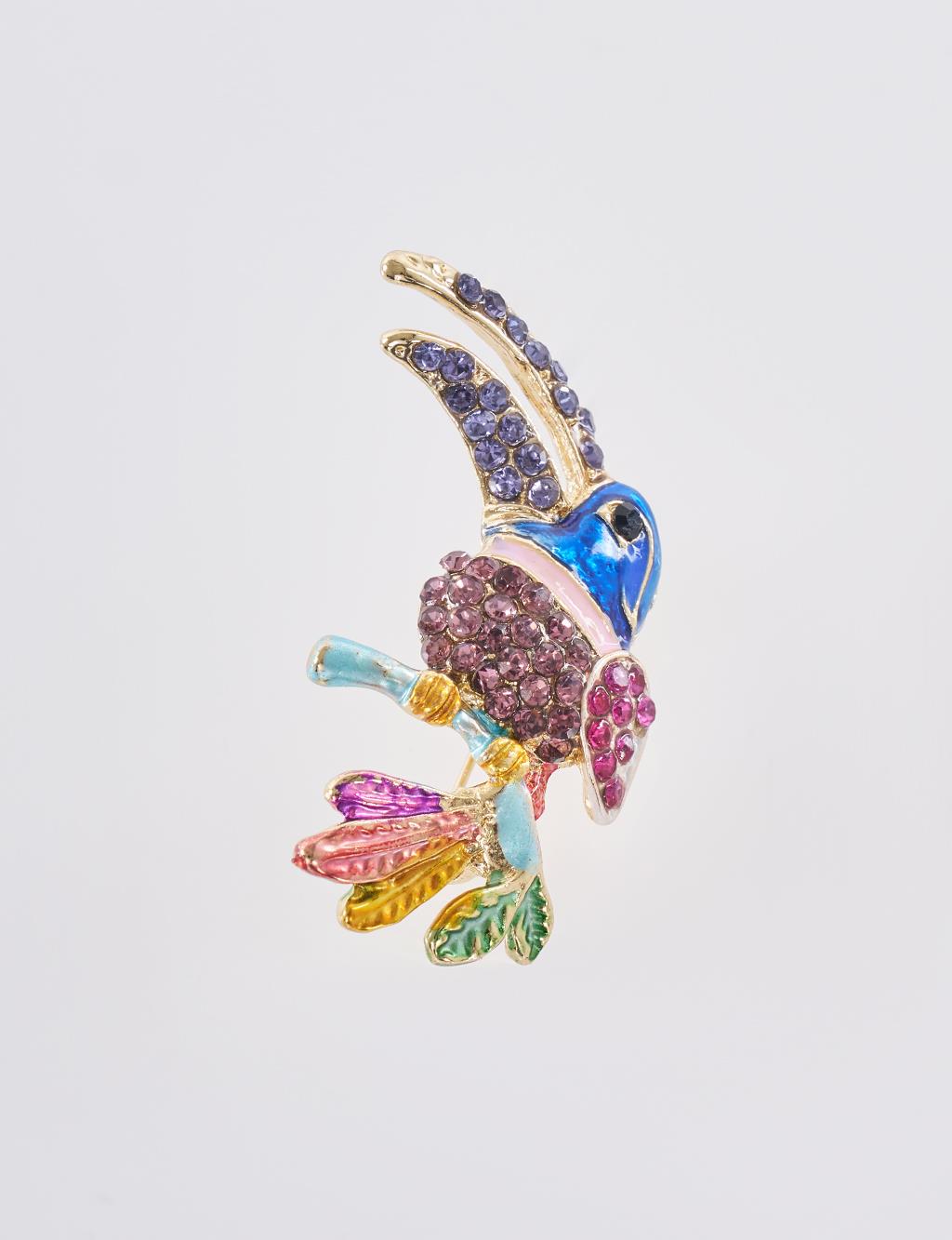 Colorful Stone Hummingbird Brooch Gold