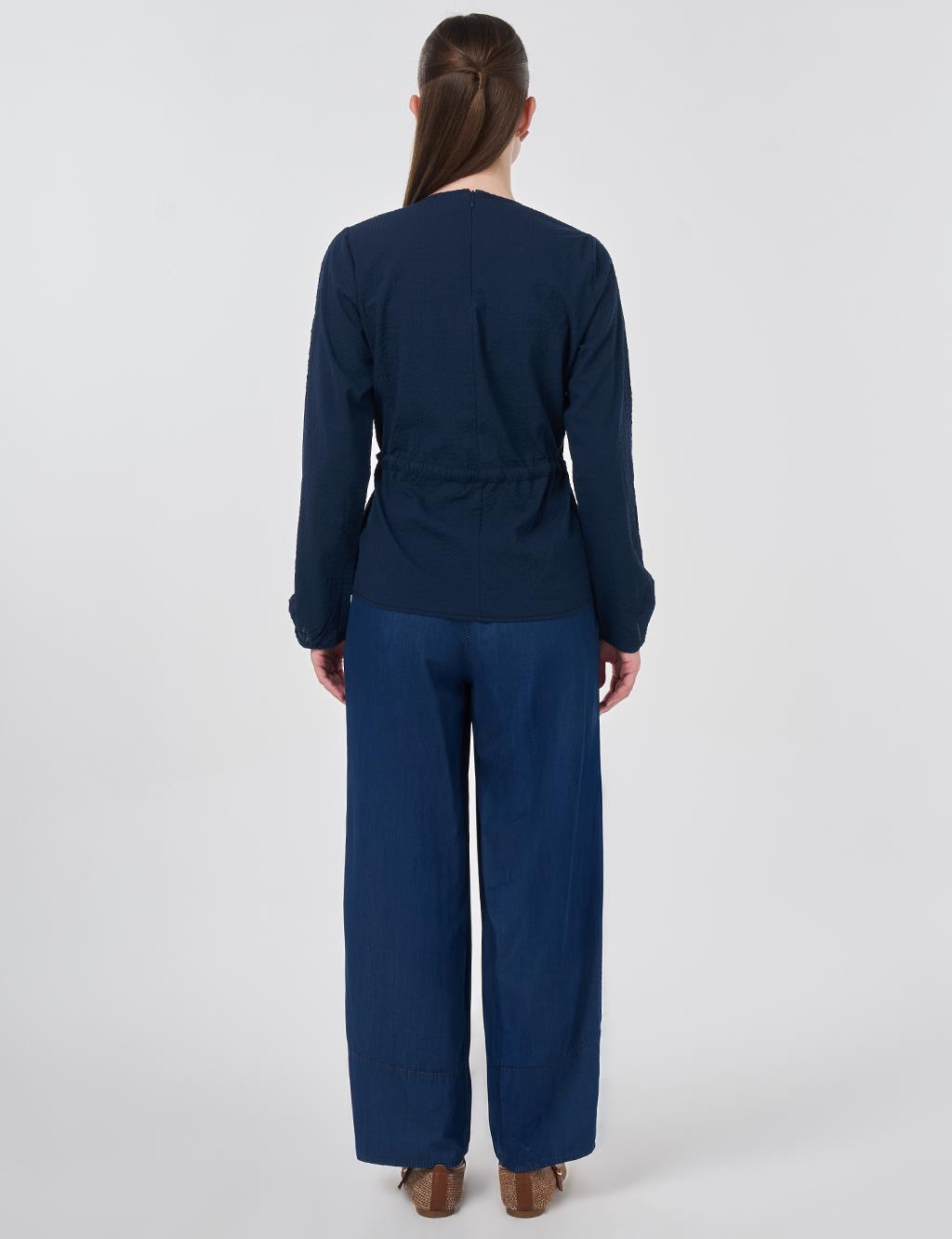 100% Cotton Blouse with Brooch Detail Dark Navy