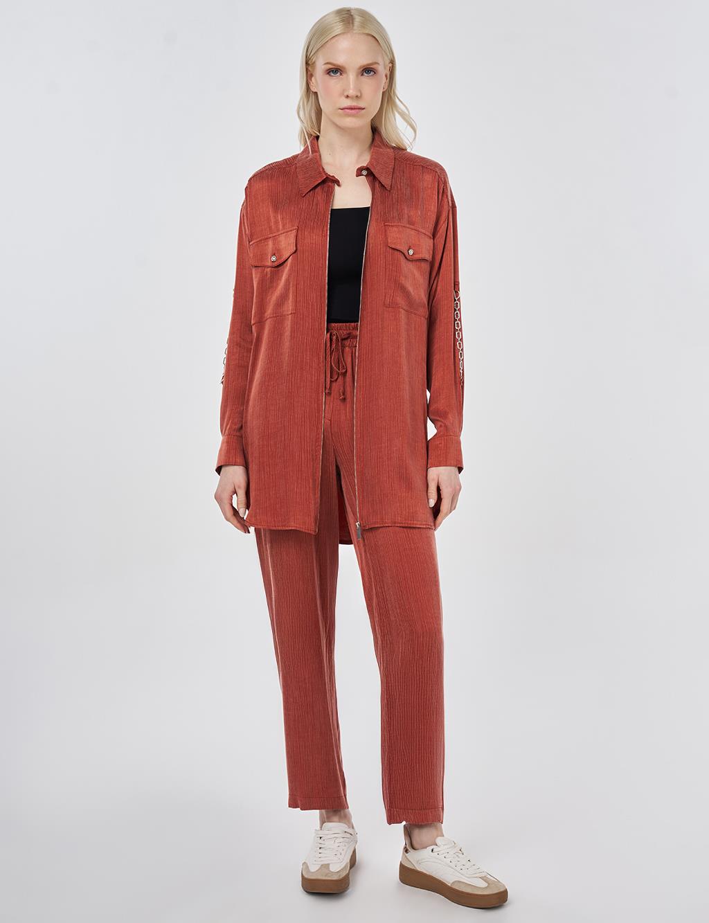 Lyocell Viscose Two-Piece Set with Pocket Detail Brick Red