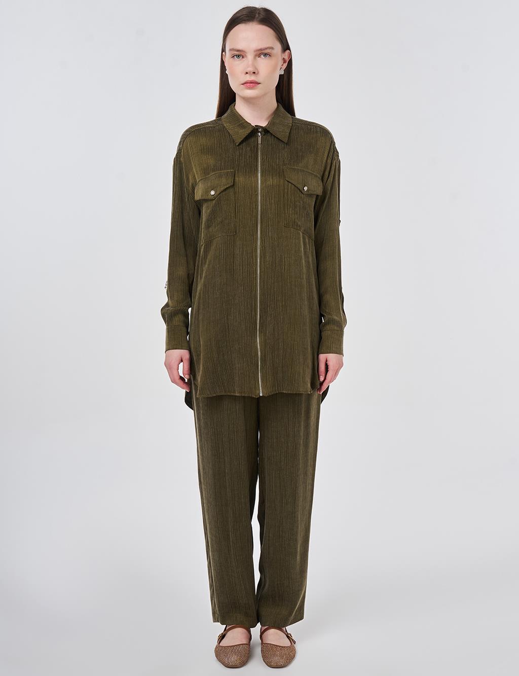 Lyocell Viscose Two-Piece Set with Pocket Detail Dark Khaki