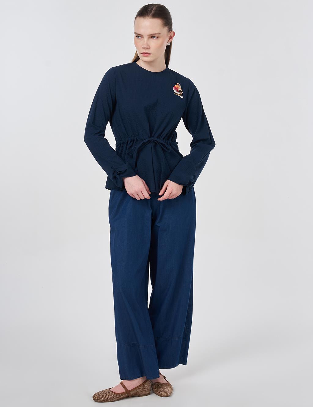 100% Cotton Blouse with Brooch Detail Dark Navy