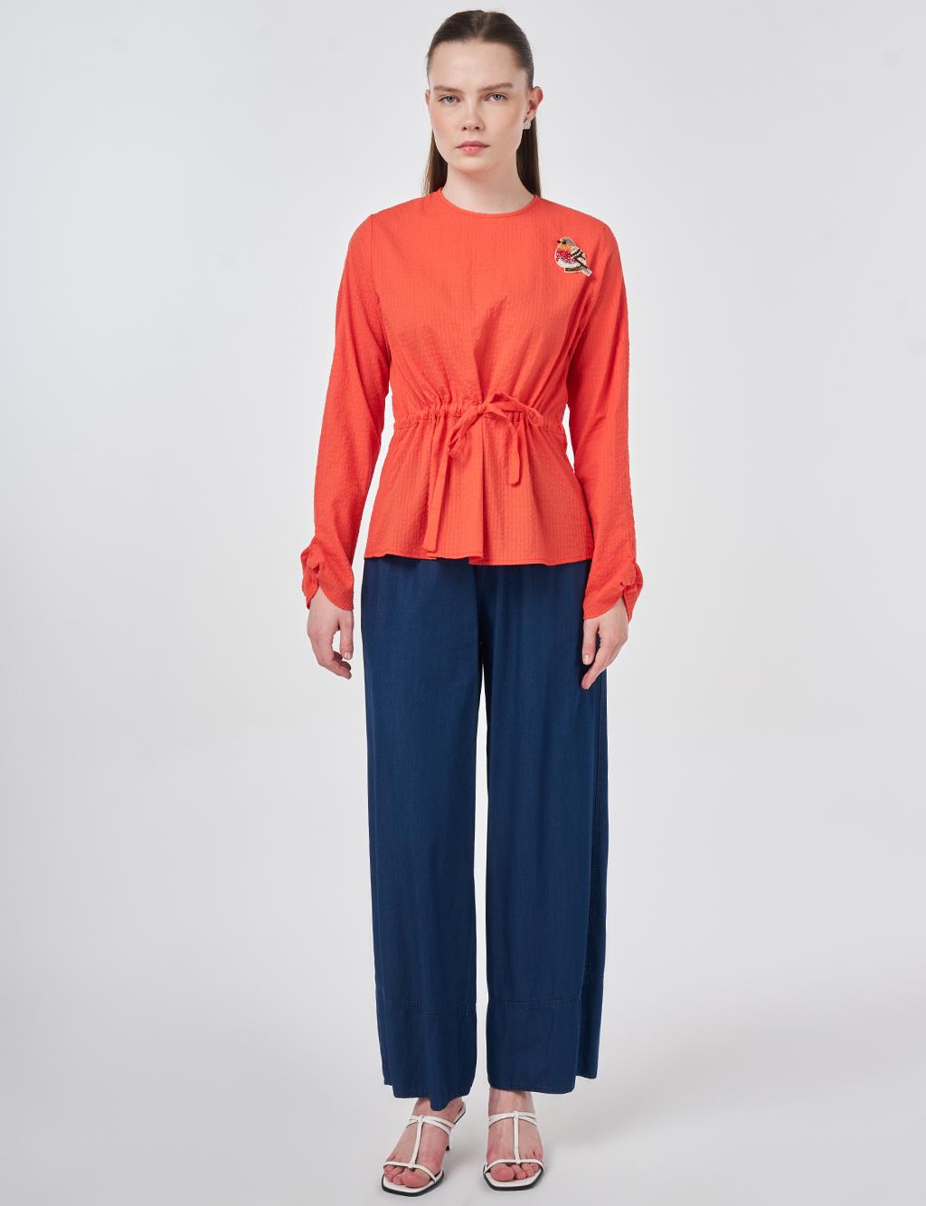 100% Cotton Blouse with Brooch Detail Coral