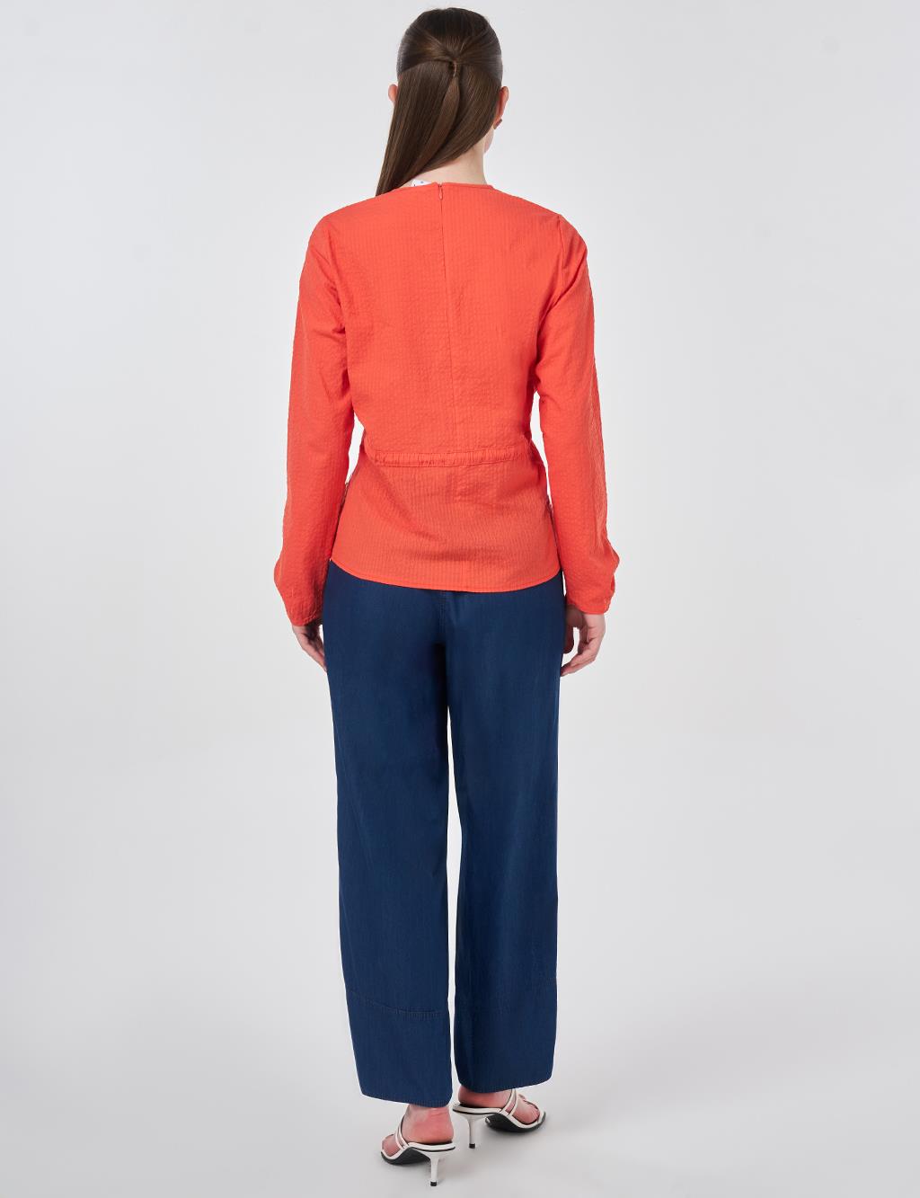 100% Cotton Blouse with Brooch Detail Coral