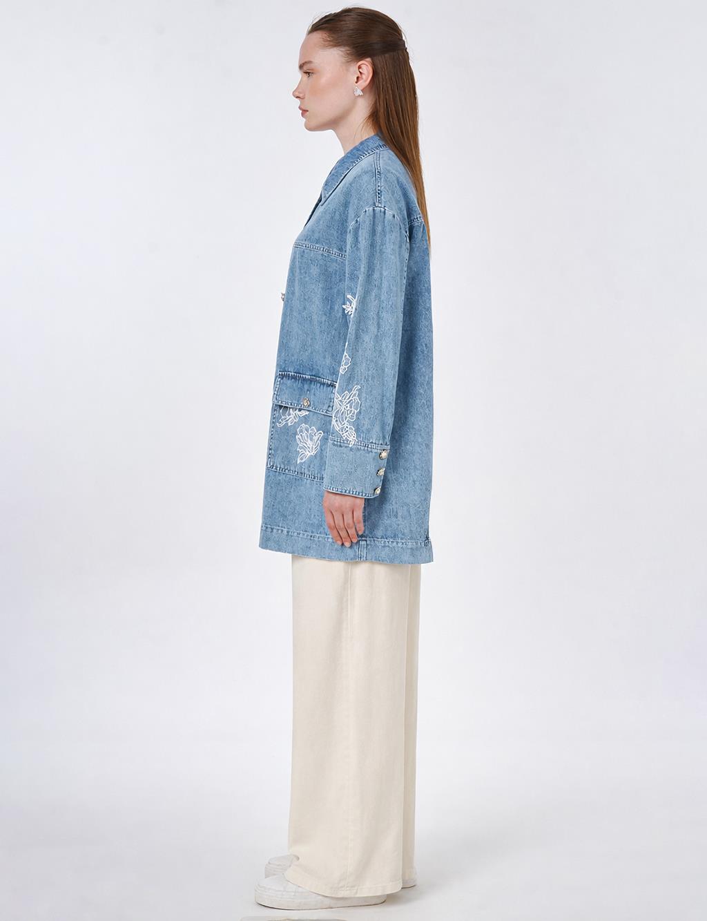 Yıkamalı Denim Ceket Mavi 