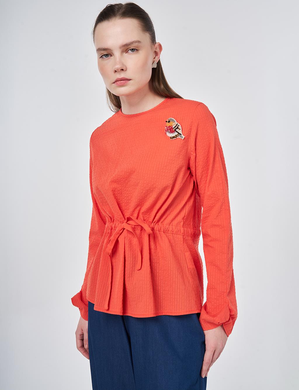 100% Cotton Blouse with Brooch Detail Coral