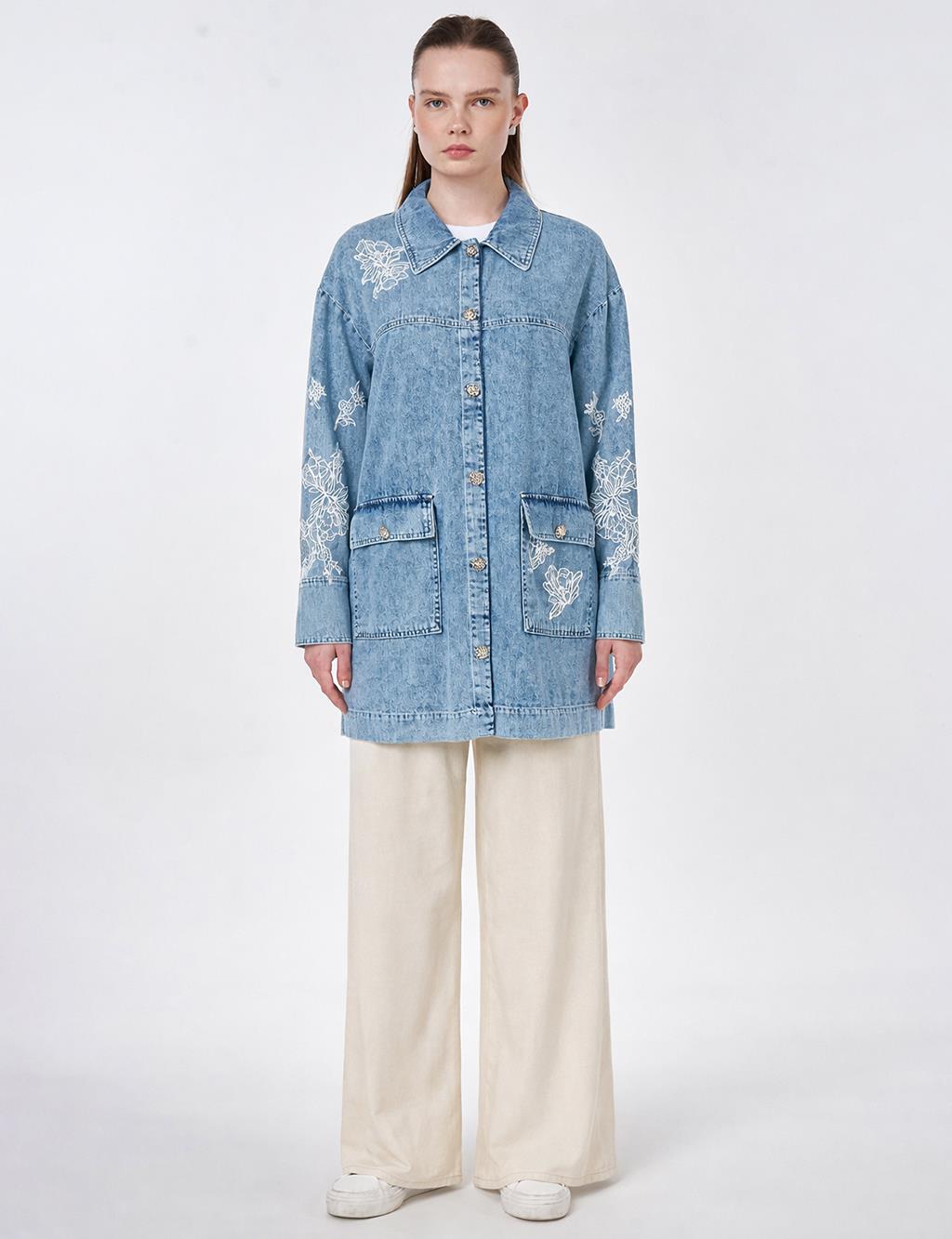 Yıkamalı Denim Ceket Mavi 