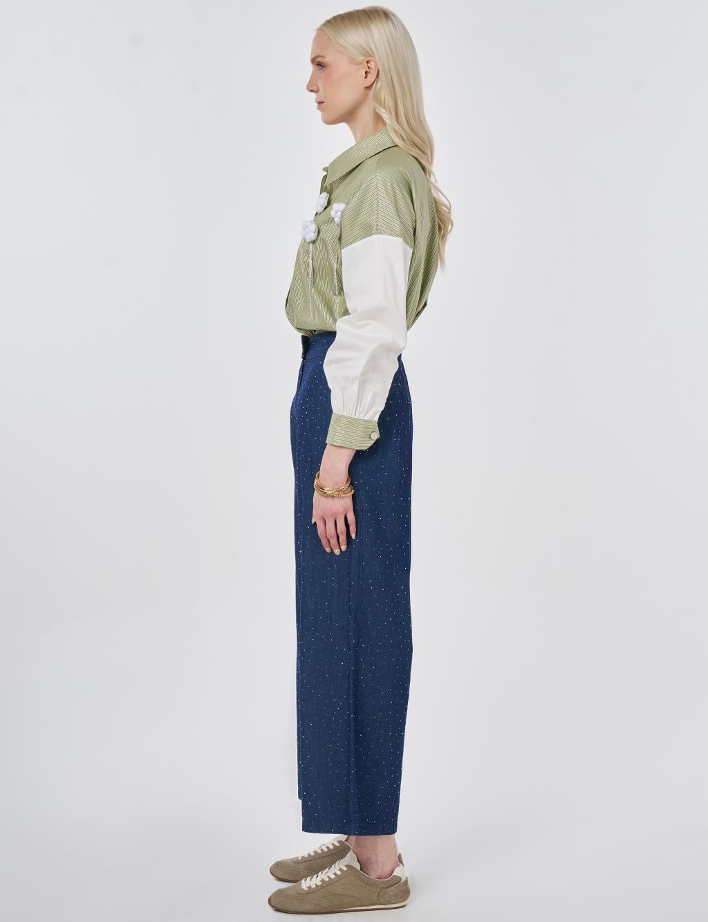 Washed Hotfix Printed Denim Trousers Blue