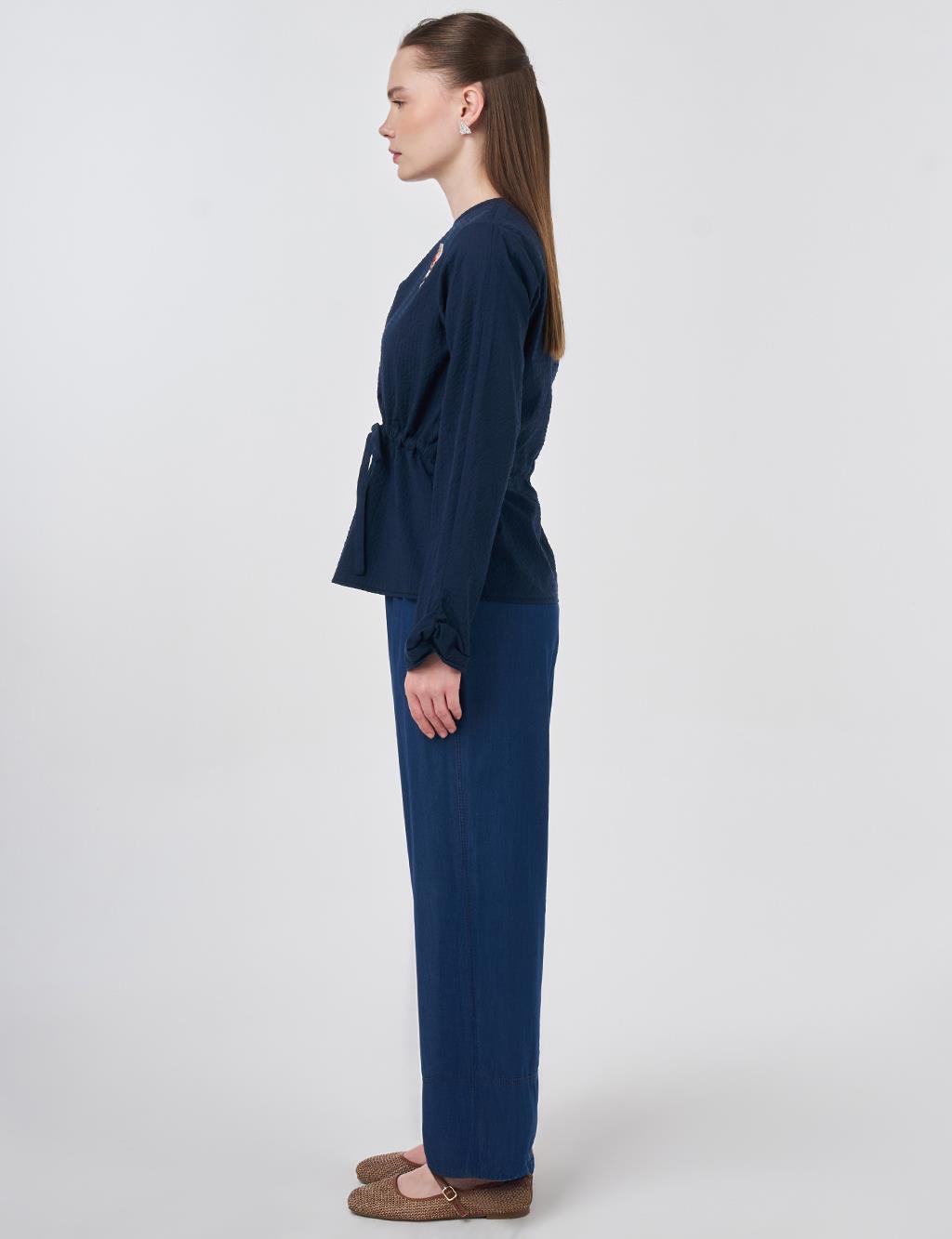 100% Cotton Blouse with Brooch Detail Dark Navy