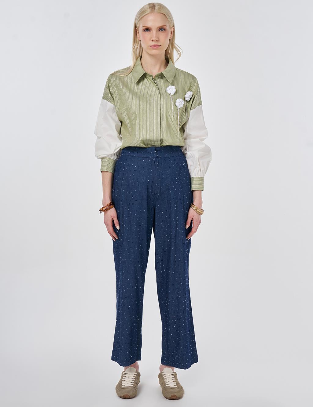 Washed Hotfix Printed Denim Trousers Blue