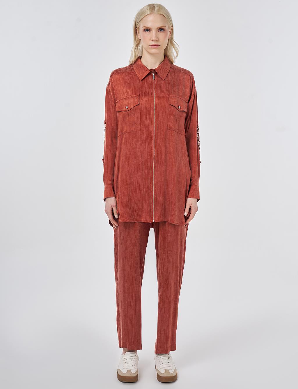 Lyocell Viscose Two-Piece Set with Pocket Detail Brick Red