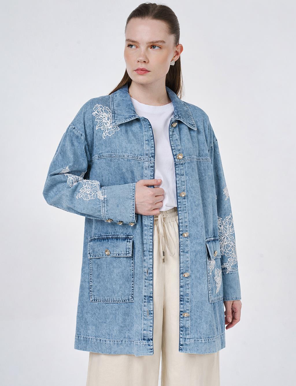 Yıkamalı Denim Ceket Mavi 