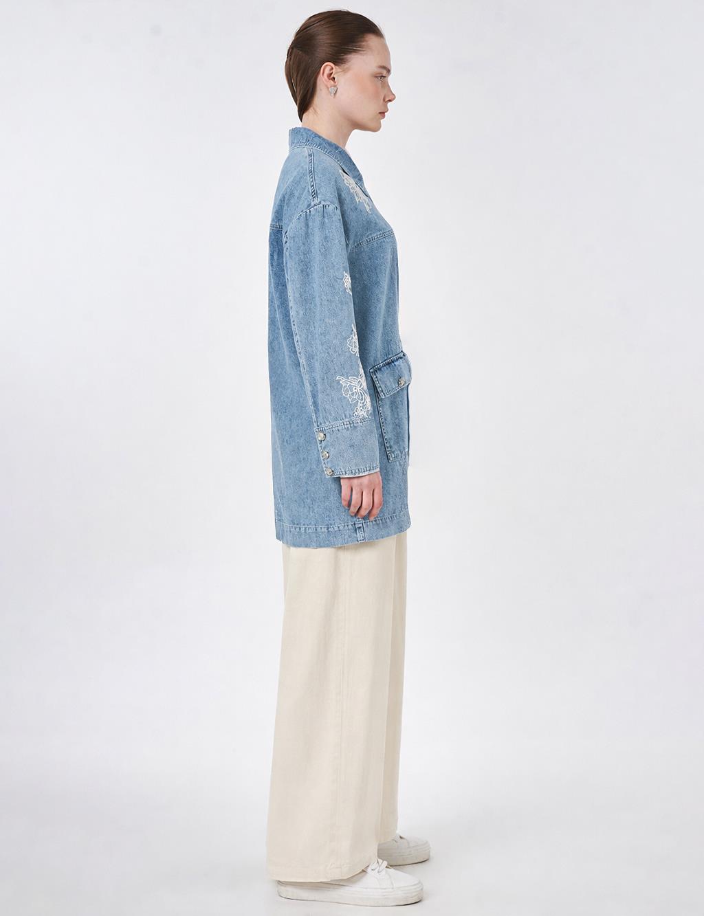 Yıkamalı Denim Ceket Mavi 