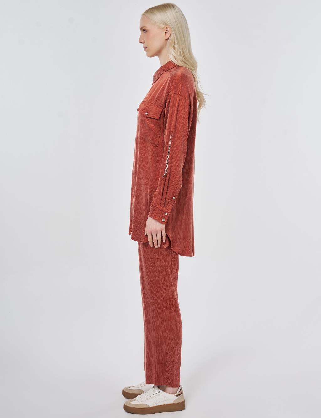 Lyocell Viscose Two-Piece Set with Pocket Detail Brick Red