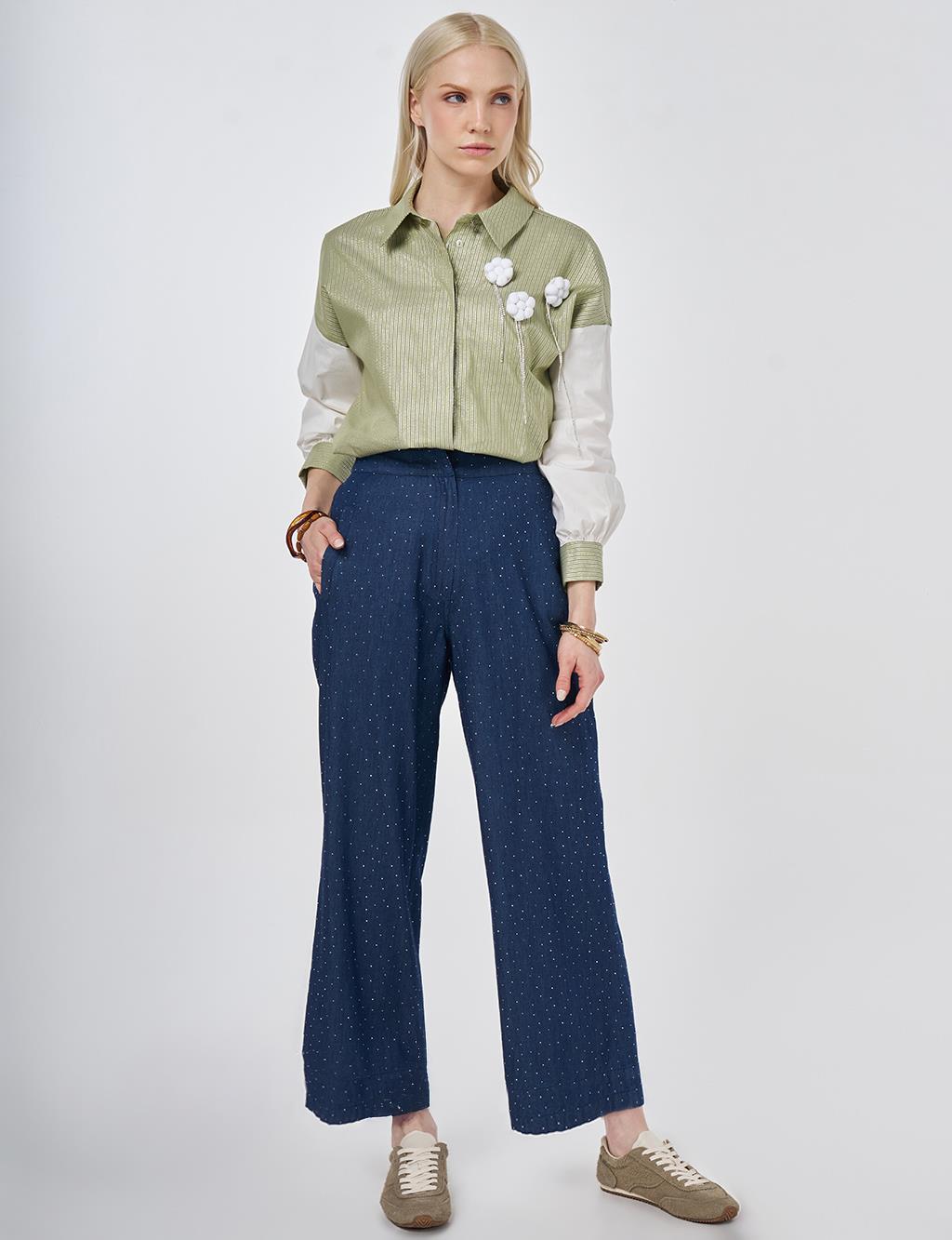 Washed Hotfix Printed Denim Trousers Blue