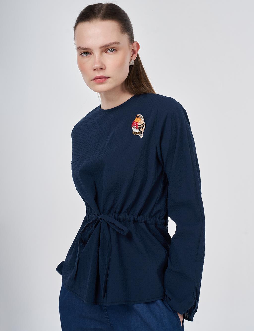 100% Cotton Blouse with Brooch Detail Dark Navy