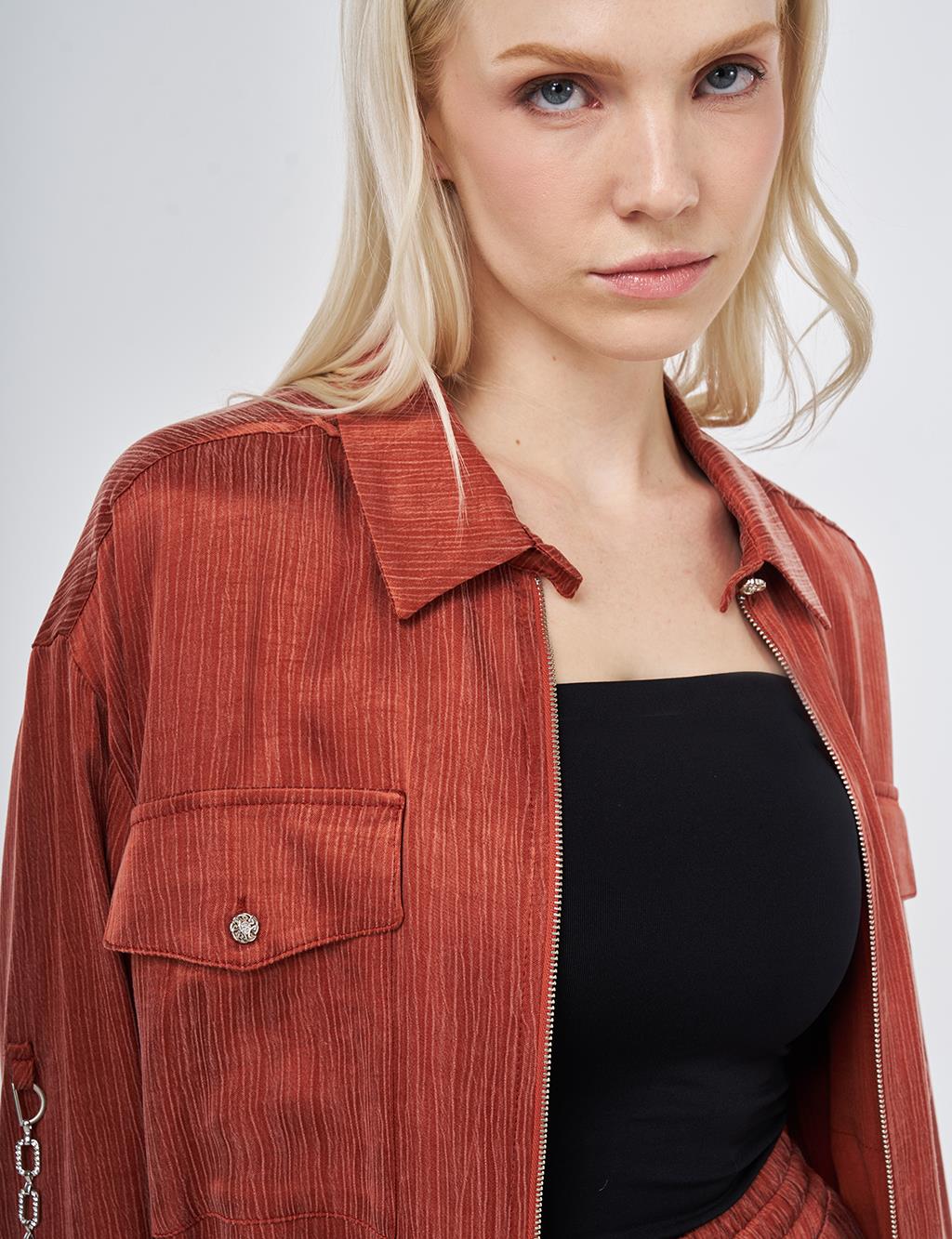 Lyocell Viscose Two-Piece Set with Pocket Detail Brick Red