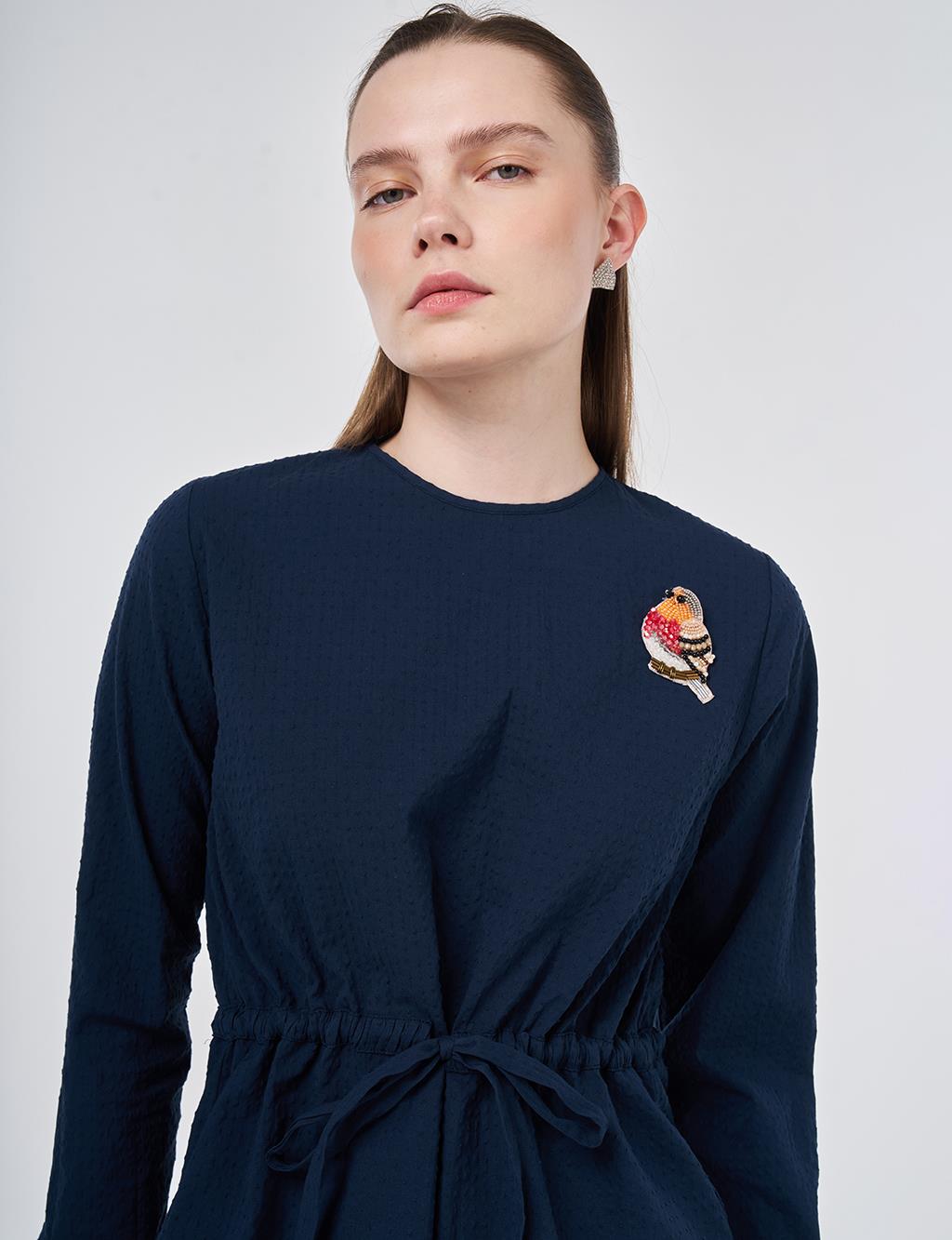 100% Cotton Blouse with Brooch Detail Dark Navy
