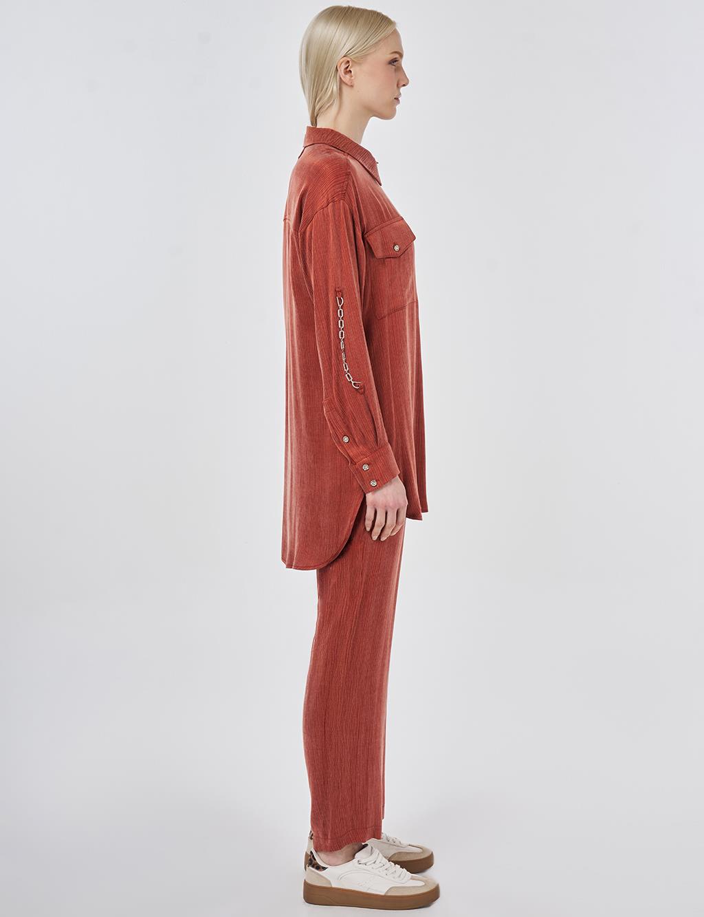 Lyocell Viscose Two-Piece Set with Pocket Detail Brick Red