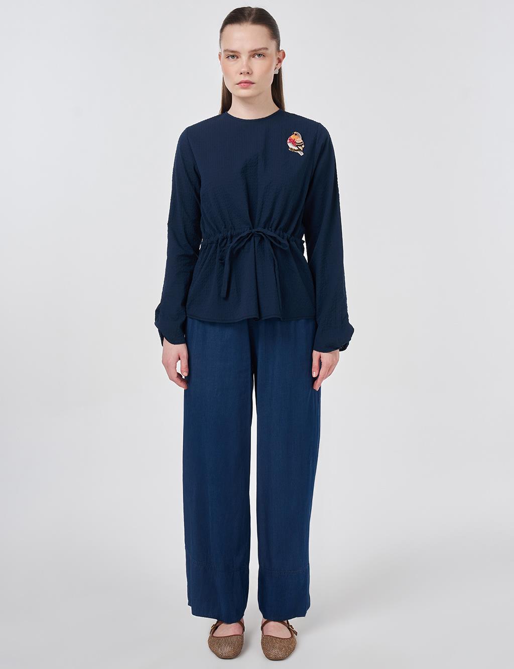 100% Cotton Blouse with Brooch Detail Dark Navy