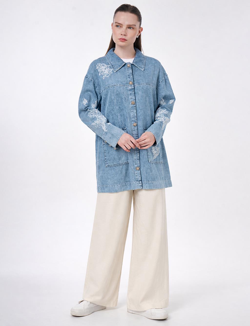 Yıkamalı Denim Ceket Mavi 