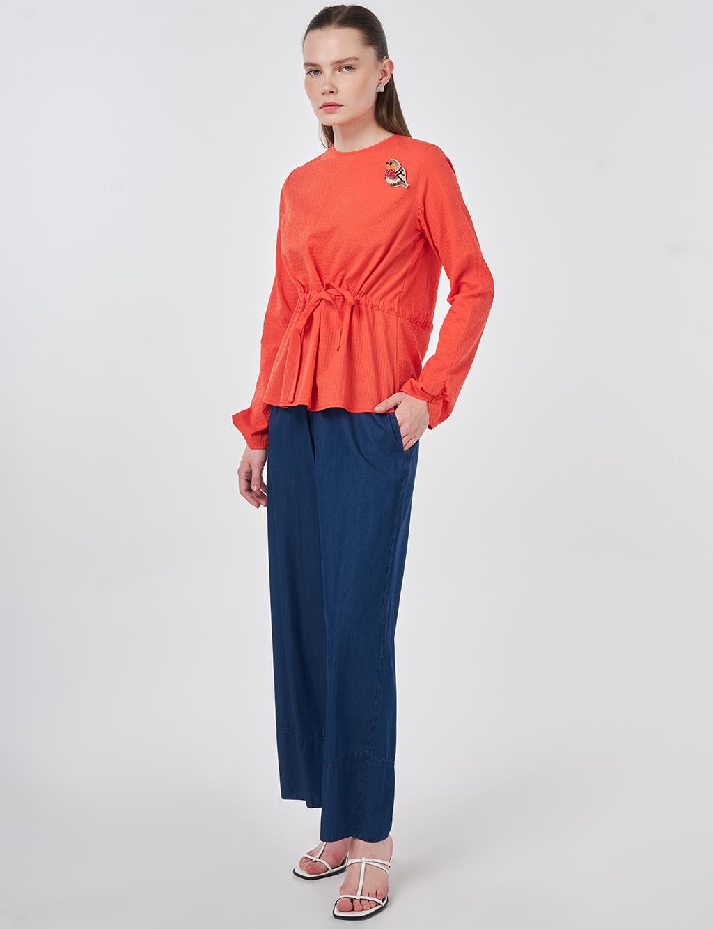 100% Cotton Blouse with Brooch Detail Coral