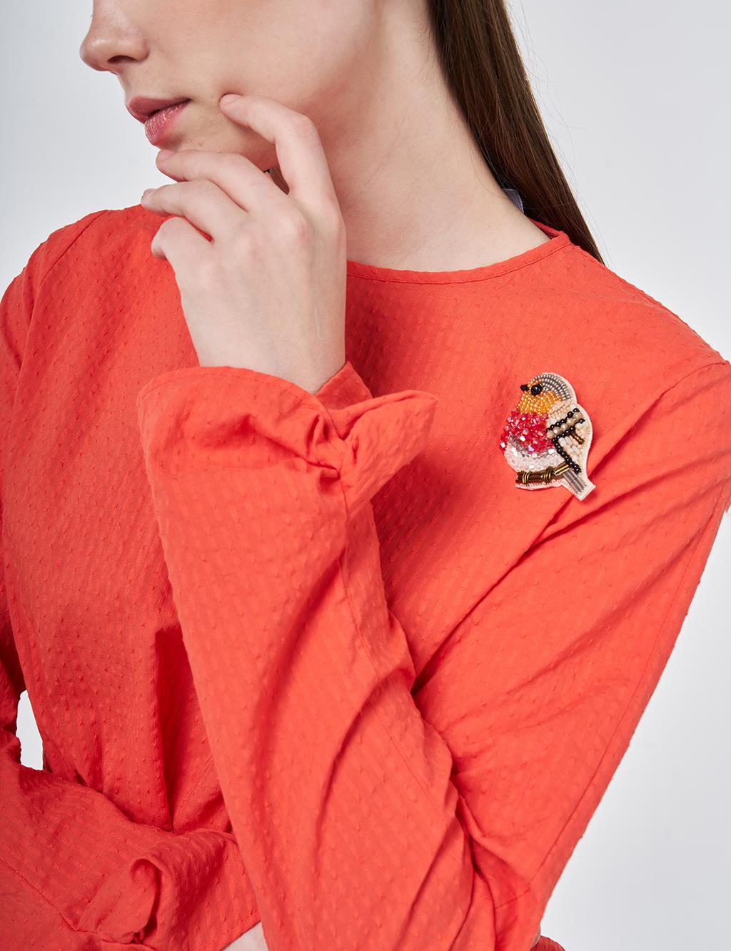 100% Cotton Blouse with Brooch Detail Coral