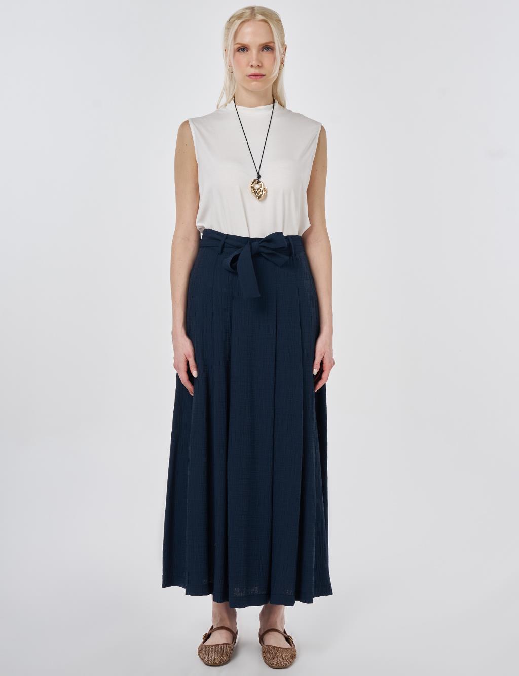 Belted Crinkle Skirt Dark Navy