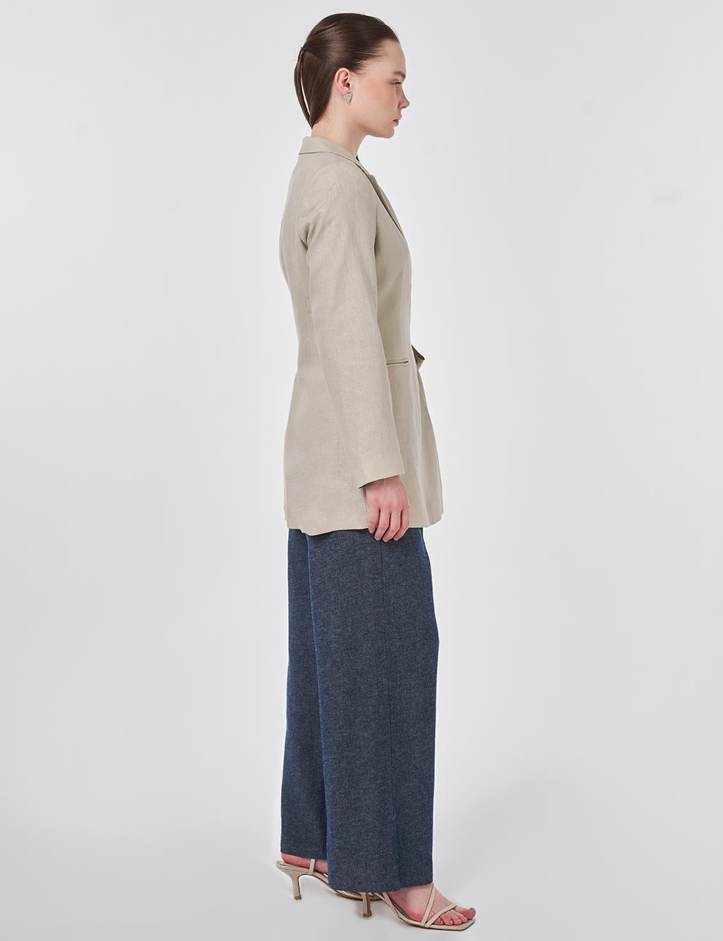 Kruvaze Bağlamalı Keten Ceket Taş