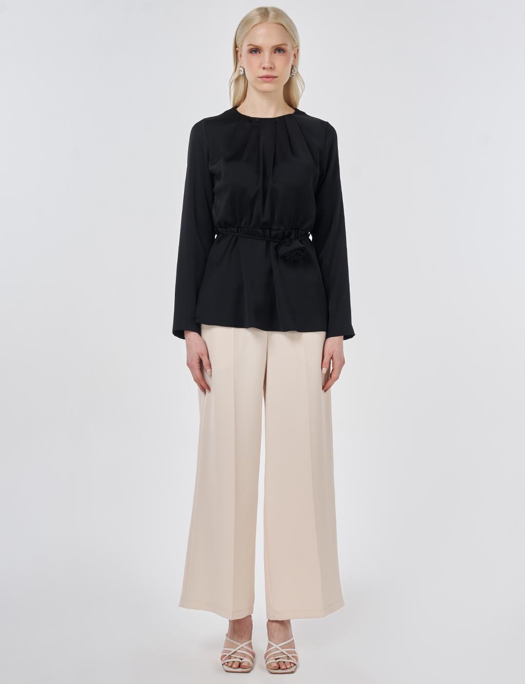 Rose Motif Satin Blouse Black