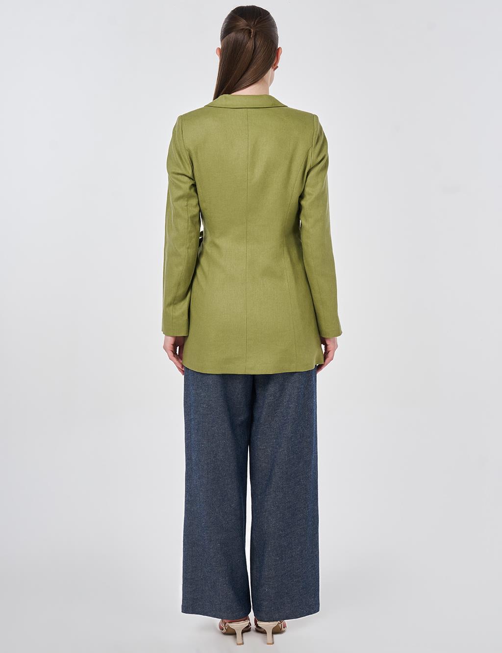 Kruvaze Bağlamalı Keten Ceket Matcha Yeşili