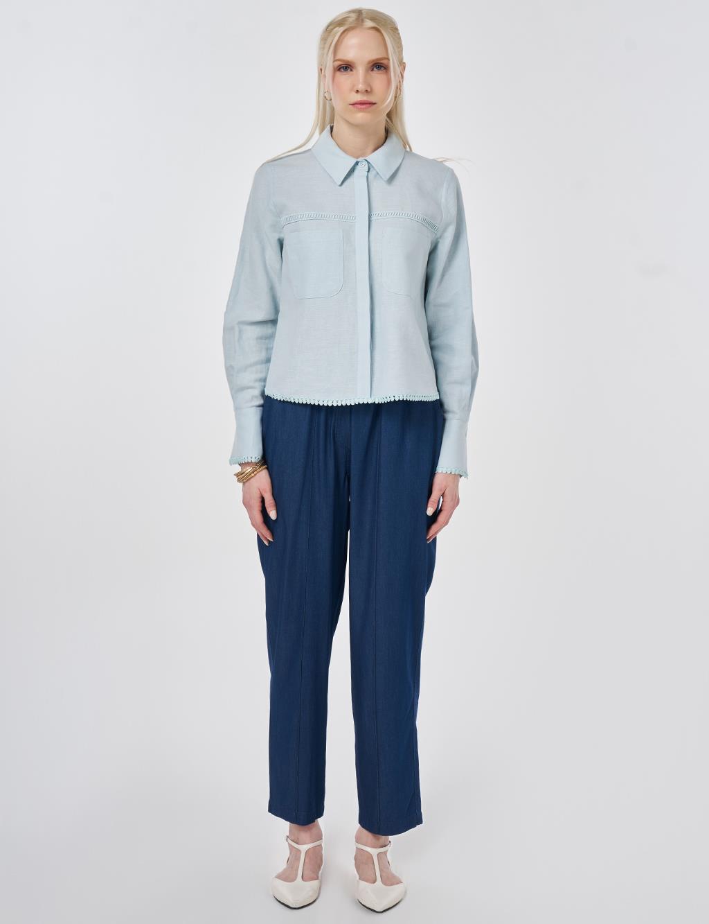 Striped Eyelet Cotton Linen Blouse Blue