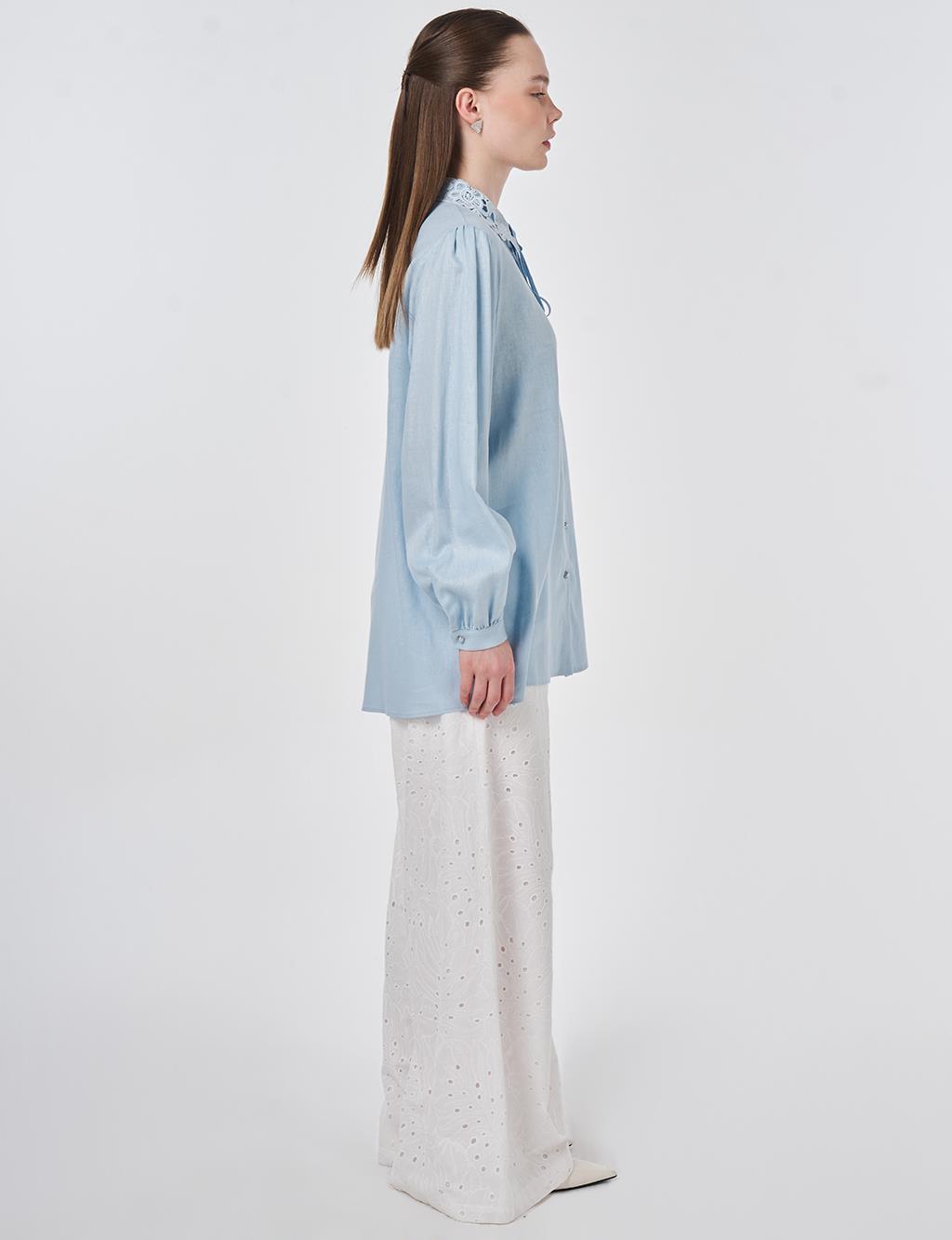 Lyocell Linen Blouse with Collar Detail Blue