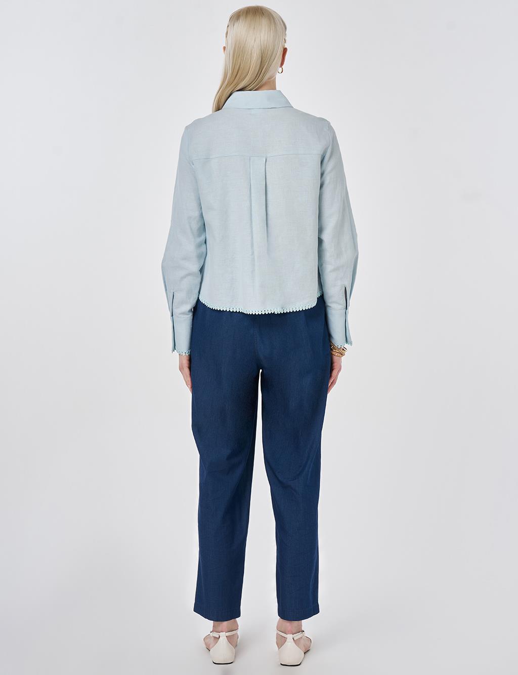 Striped Eyelet Cotton Linen Blouse Blue