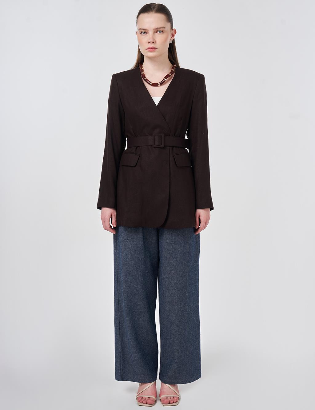 Belted Lyocell Linen Jacket Dark Brown