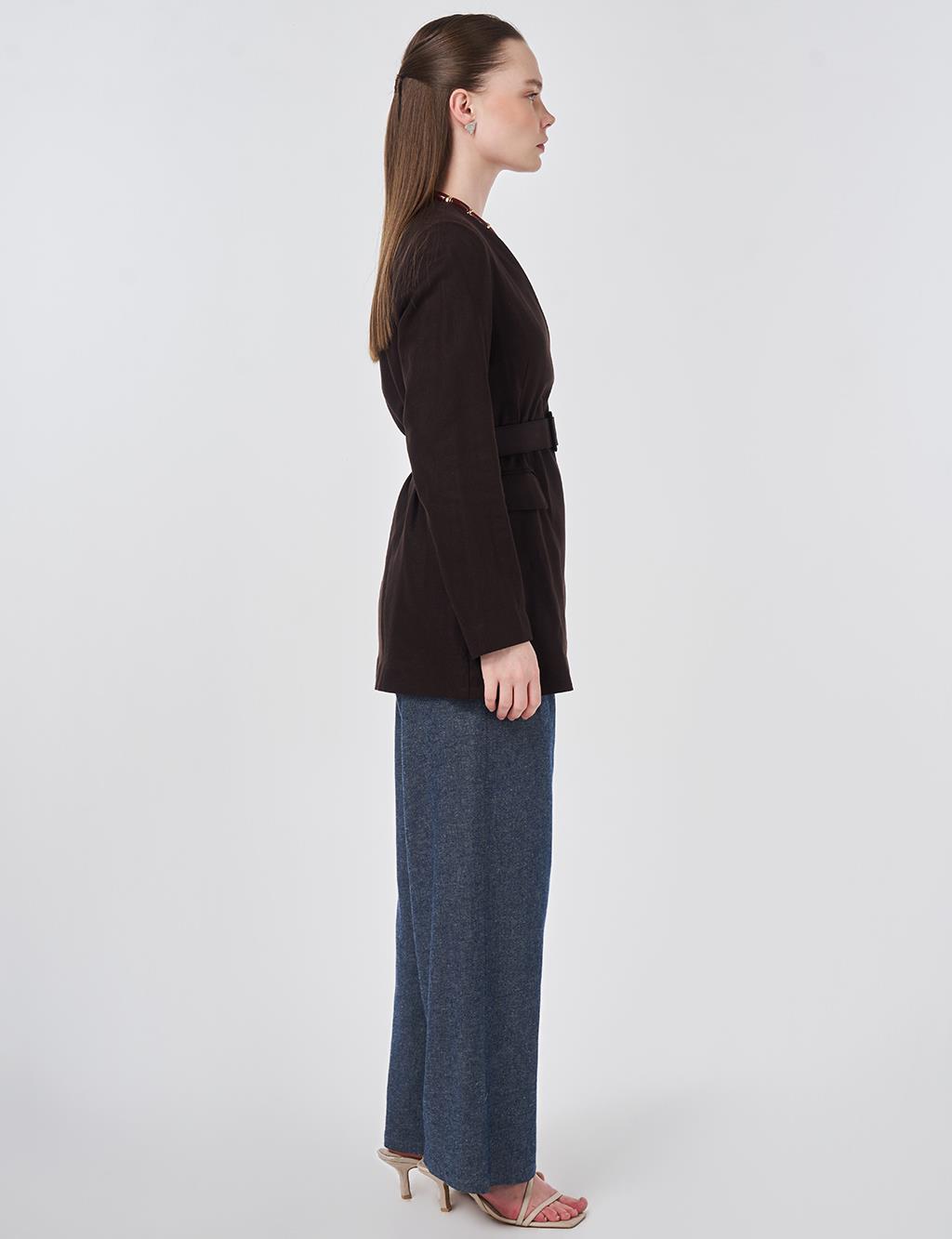 Belted Lyocell Linen Jacket Dark Brown