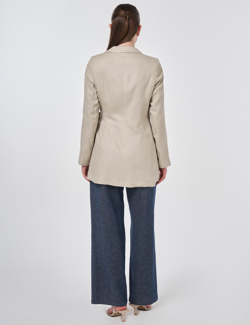 Kruvaze Bağlamalı Keten Ceket Taş