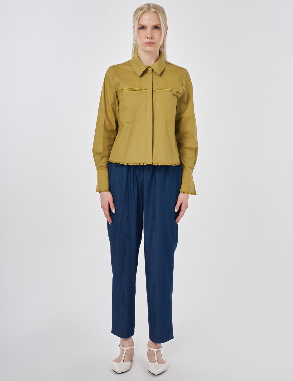 Striped Ruffled Cotton Blouse Olive Green