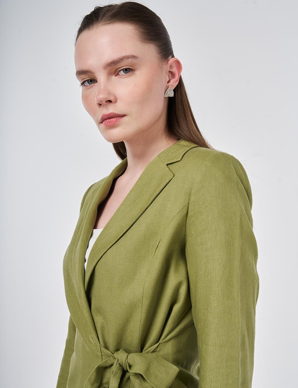 Kruvaze Bağlamalı Keten Ceket Matcha Yeşili