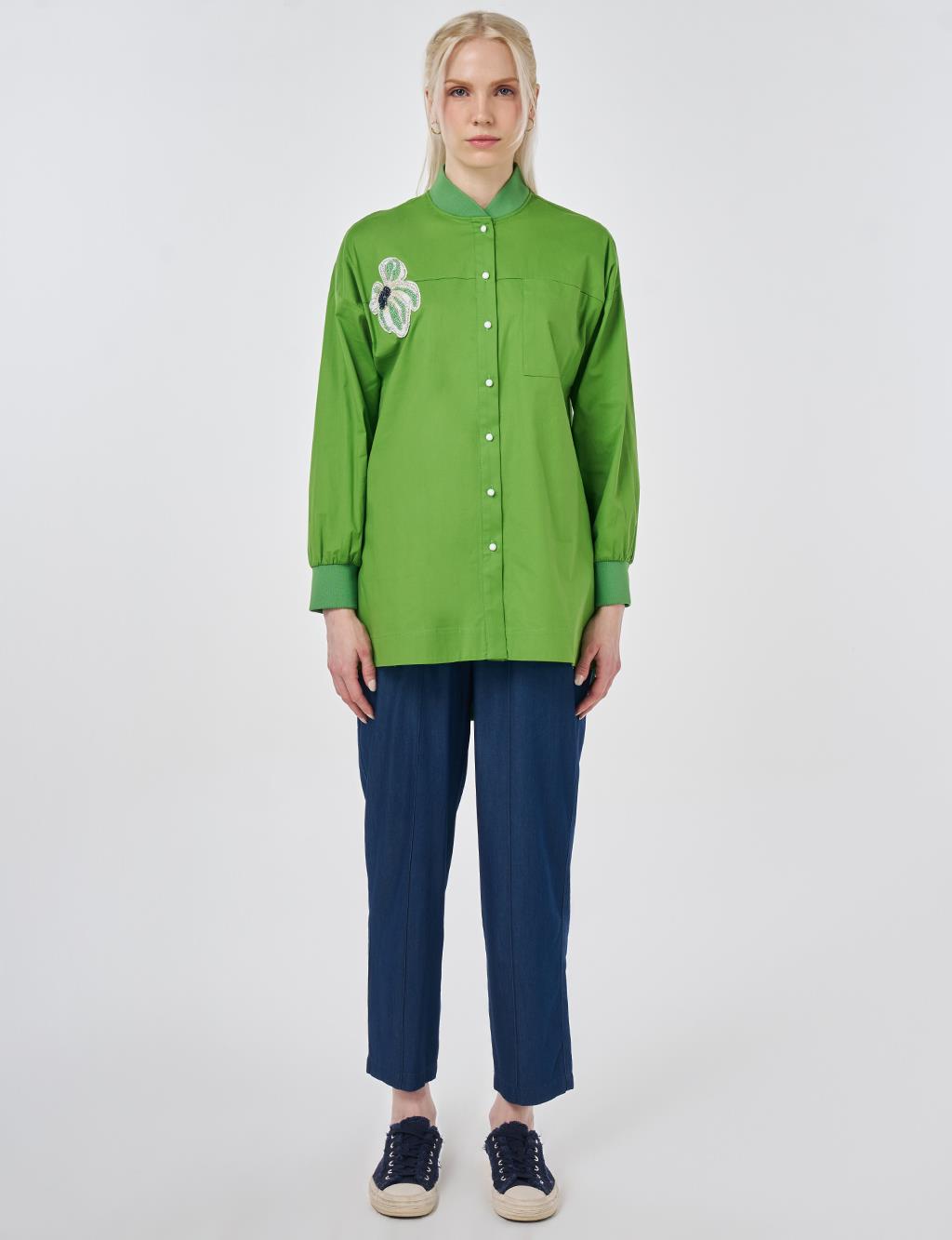 College Collar Embroidered Cotton Blouse Pistachio Green